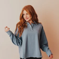 Vendor-unknown Dolly Button Up Sweatshirt Blue Tops