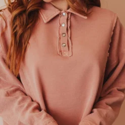 Vendor-unknown Dolly Button Up Sweatshirt Dusty Pink Tops