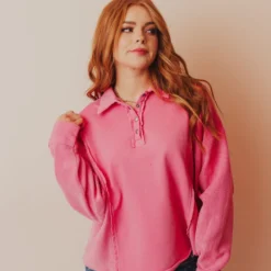 Vendor-unknown Tops Dolly Button Up Sweatshirt Pink