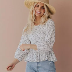 Vendor-unknown Ellen Floral Patterned Smocked Blouse Ivory Tops