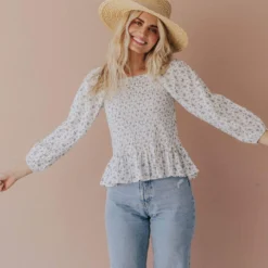 Vendor-unknown Ellen Floral Patterned Smocked Blouse Ivory Tops