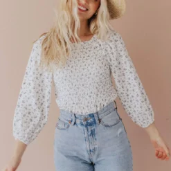 Vendor-unknown Ellen Floral Patterned Smocked Blouse Ivory Tops