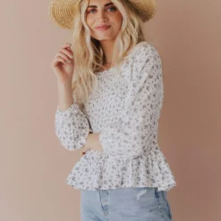 Vendor-unknown Ellen Floral Patterned Smocked Blouse Ivory Tops