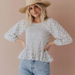 Vendor-unknown Ellen Floral Patterned Smocked Blouse Ivory Tops