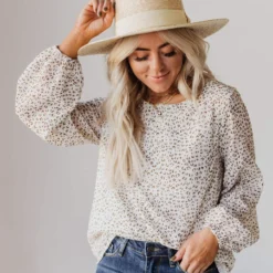 Vendor-unknown Evalyn Flocked Leopard Puff Sleeve Top Ivory Tops