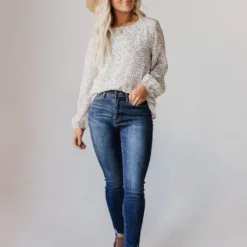 Vendor-unknown Evalyn Flocked Leopard Puff Sleeve Top Ivory Tops