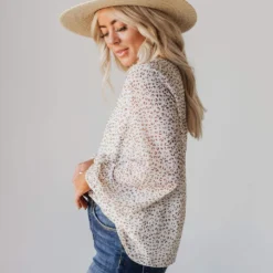 Vendor-unknown Evalyn Flocked Leopard Puff Sleeve Top Ivory Tops