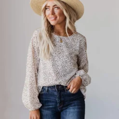 Vendor-unknown Evalyn Flocked Leopard Puff Sleeve Top Ivory Tops