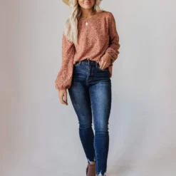 Vendor-unknown Evalyn Flocked Leopard Puff Sleeve Top Peach Tops