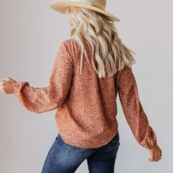 Vendor-unknown Evalyn Flocked Leopard Puff Sleeve Top Peach Tops