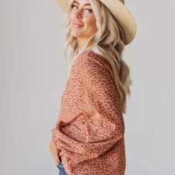 Vendor-unknown Evalyn Flocked Leopard Puff Sleeve Top Peach Tops