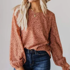 Vendor-unknown Evalyn Flocked Leopard Puff Sleeve Top Peach Tops