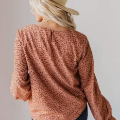 Vendor-unknown Evalyn Flocked Leopard Puff Sleeve Top Peach Tops