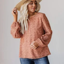 Vendor-unknown Evalyn Flocked Leopard Puff Sleeve Top Peach Tops