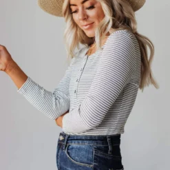 Vendor-unknown Jake Button Down Stripe Bodysuit Tops