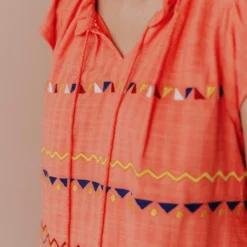 Vendor-unknown Kamila Embroidered Blouse Hot Coral Tops