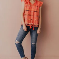 Vendor-unknown Kamila Embroidered Blouse Hot Coral Tops