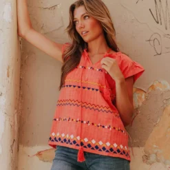 Vendor-unknown Kamila Embroidered Blouse Hot Coral Tops