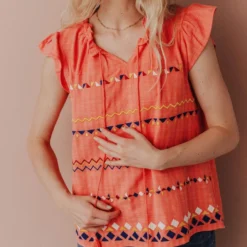 Vendor-unknown Kamila Embroidered Blouse Hot Coral Tops
