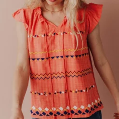 Vendor-unknown Kamila Embroidered Blouse Hot Coral Tops