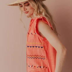 Vendor-unknown Kamila Embroidered Blouse Hot Coral Tops