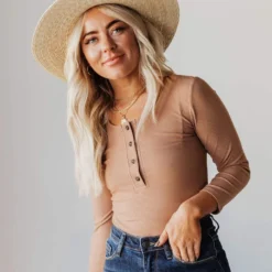 Vendor-unknown Lina Ribbed Jersey Bodysuit Mocha Tops