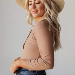 Vendor-unknown Lina Ribbed Jersey Bodysuit Mocha Tops