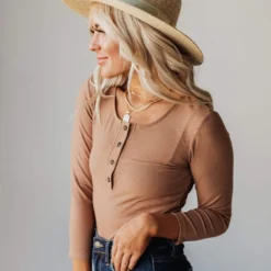 Vendor-unknown Lina Ribbed Jersey Bodysuit Mocha Tops