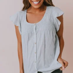 Lucy Avenue Piper Polka Dot Blouse Aqua Tops