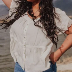 Vendor-unknown PLUS Betsy Square Neck Button Up Top Ivory