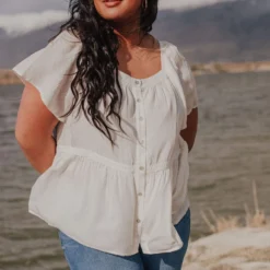 Vendor-unknown PLUS Betsy Square Neck Button Up Top Ivory