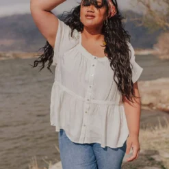 Vendor-unknown PLUS Betsy Square Neck Button Up Top Ivory