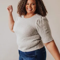 Vendor-unknown Tops PLUS! EXCLUSIVE! Laura Polka Dot Short Sleeve Sweater Grey