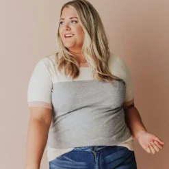 Vendor-unknown PLUS EXCLUSIVE! Taysia Colorblock Short Sleeve Sweater Heather Grey Tops