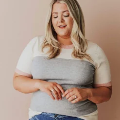 Vendor-unknown PLUS EXCLUSIVE! Taysia Colorblock Short Sleeve Sweater Heather Grey Tops