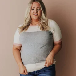 Vendor-unknown PLUS EXCLUSIVE! Taysia Colorblock Short Sleeve Sweater Heather Grey Tops