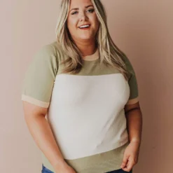 Vendor-unknown PLUS EXCLUSIVE! Taysia Colorblock Short Sleeve Sweater Olive