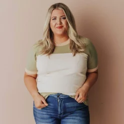 Vendor-unknown PLUS EXCLUSIVE! Taysia Colorblock Short Sleeve Sweater Olive