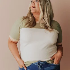 Vendor-unknown PLUS EXCLUSIVE! Taysia Colorblock Short Sleeve Sweater Olive