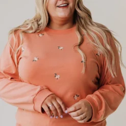 Vendor-unknown PLUS Kylee Flower Embroidered Sweatshirt Salmon Tops