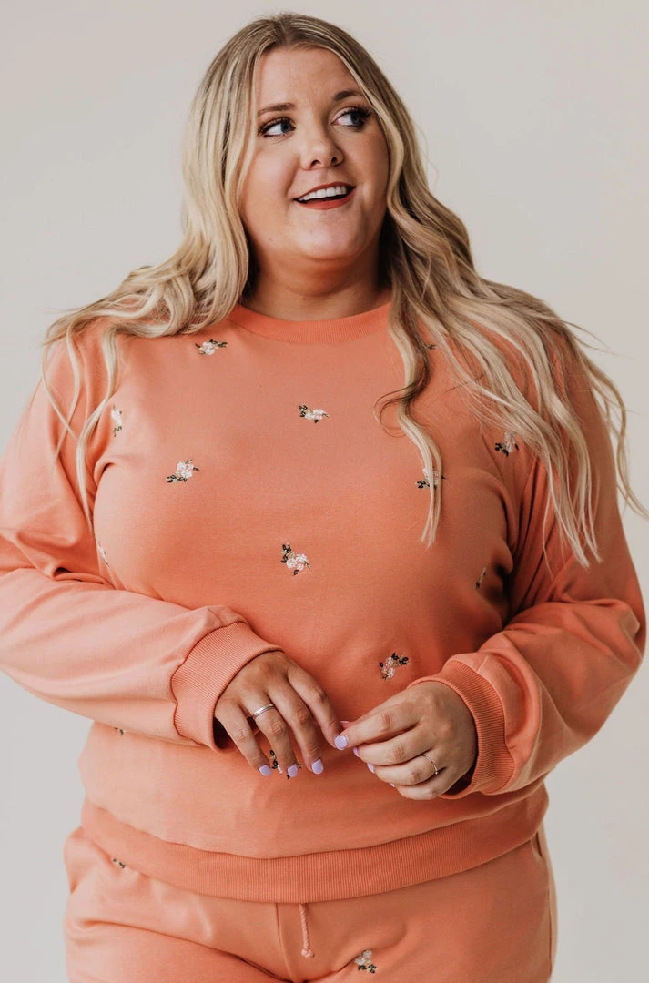 Vendor-unknown PLUS Kylee Flower Embroidered Sweatshirt Salmon Tops 3 Vendor-unknown PLUS Kylee Flower Embroidered Sweatshirt Salmon Tops