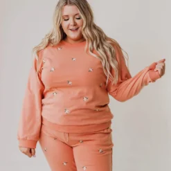 Vendor-unknown PLUS Kylee Flower Embroidered Sweatshirt Salmon Tops 9 Vendor-unknown PLUS Kylee Flower Embroidered Sweatshirt Salmon Tops