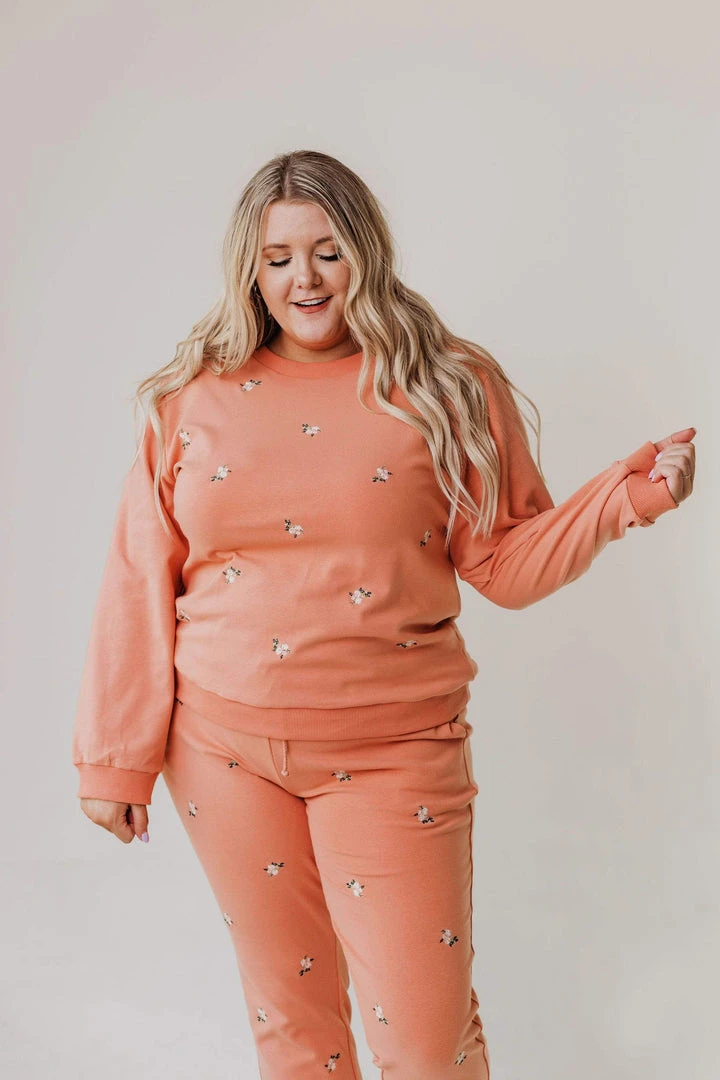 Vendor-unknown PLUS Kylee Flower Embroidered Sweatshirt Salmon Tops 5 Vendor-unknown PLUS Kylee Flower Embroidered Sweatshirt Salmon Tops