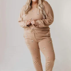 Vendor-unknown PLUS Kylee Flower Embroidered Sweatshirt Taupe