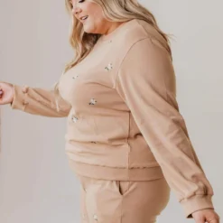 Vendor-unknown PLUS Kylee Flower Embroidered Sweatshirt Taupe 10 Vendor-unknown PLUS Kylee Flower Embroidered Sweatshirt Taupe