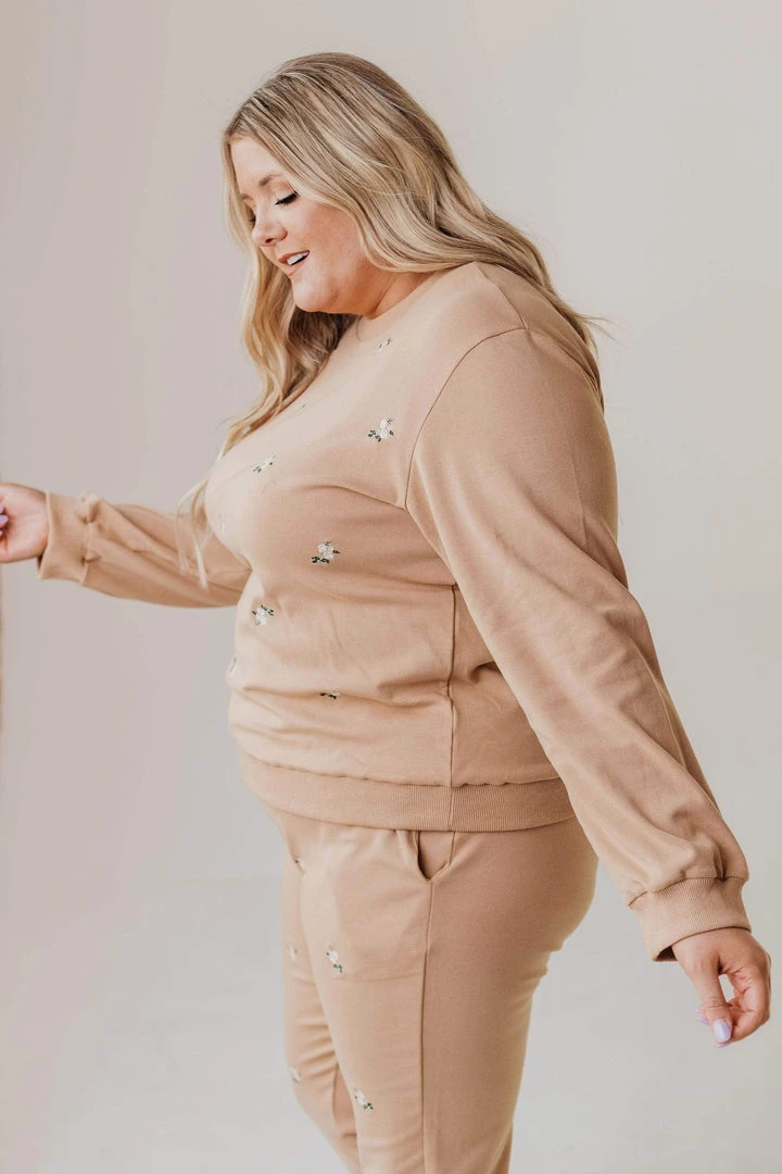 Vendor-unknown PLUS Kylee Flower Embroidered Sweatshirt Taupe 6 Vendor-unknown PLUS Kylee Flower Embroidered Sweatshirt Taupe