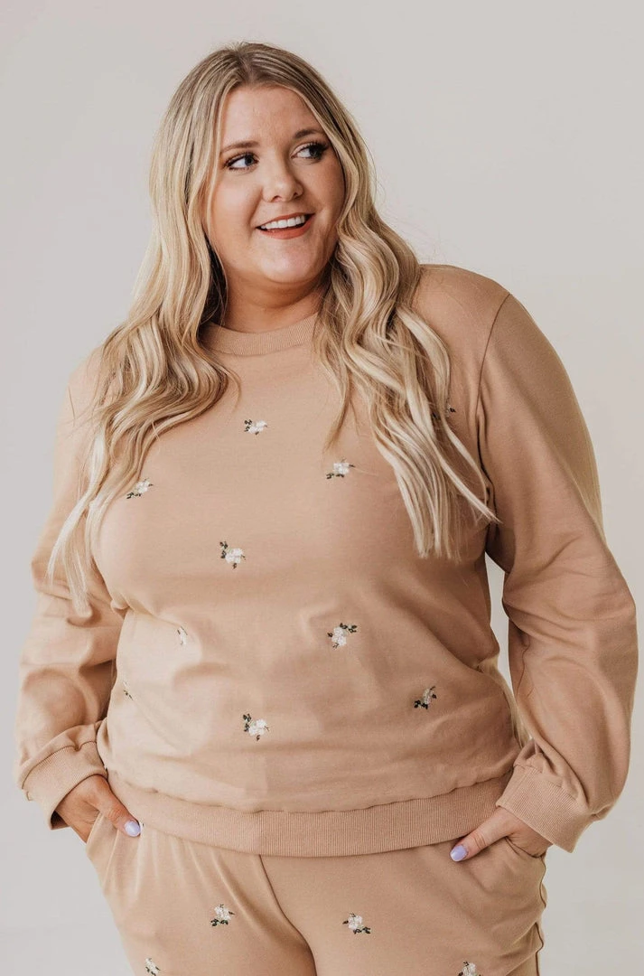 Vendor-unknown PLUS Kylee Flower Embroidered Sweatshirt Taupe 3 Vendor-unknown PLUS Kylee Flower Embroidered Sweatshirt Taupe