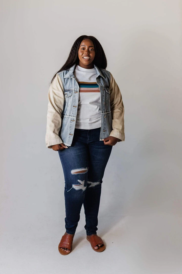 Vendor-unknown Plus Size EXCLUSIVE! Rebecca Denim Jacket With Corduroy Sleeves Bone 11 Vendor-unknown Plus Size EXCLUSIVE! Rebecca Denim Jacket With Corduroy Sleeves Bone