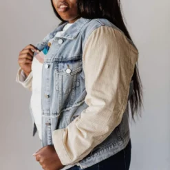 Vendor-unknown Plus Size EXCLUSIVE! Rebecca Denim Jacket With Corduroy Sleeves Bone 18 Vendor-unknown Plus Size EXCLUSIVE! Rebecca Denim Jacket With Corduroy Sleeves Bone
