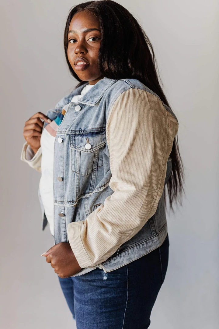 Vendor-unknown Plus Size EXCLUSIVE! Rebecca Denim Jacket With Corduroy Sleeves Bone 9 Vendor-unknown Plus Size EXCLUSIVE! Rebecca Denim Jacket With Corduroy Sleeves Bone